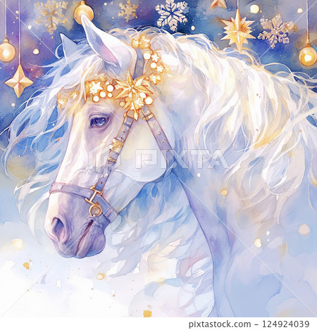 Majestic white horse adorned with golden decorations in a dreamy winter landscape under twinkling lights 124924039