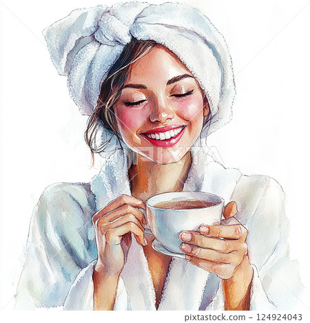 Woman enjoying a warm drink while wearing a bathrobe and a towel on her head in a cozy setting Woman enjoying a warm drink while wearing a bathrobe and a towel on her head in a cozy setting 124924043