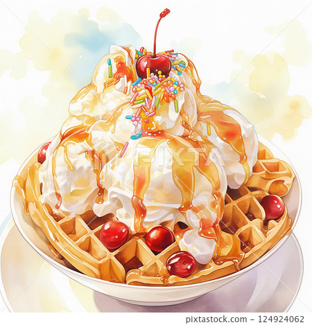 Delicious waffle dessert topped with ice cream and cherry served on a plate 124924062