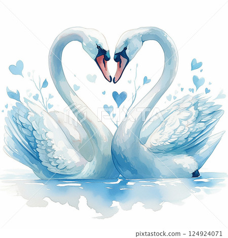 Swans create a heart shape in water with serene blue background and whimsical hearts at a tranquil lakeside setting 124924071
