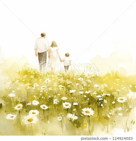 Family walking hand in hand through a flower field on a bright summer day, enjoying nature together Family walking hand in hand through a flower field on a bright summer day, enjoying nature together 124924083