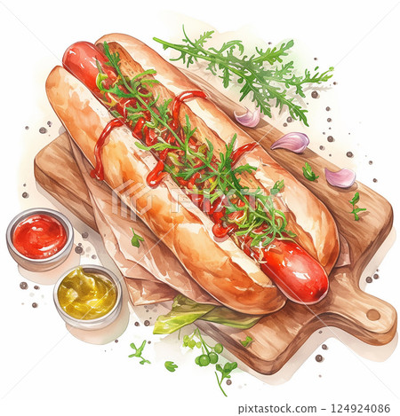 Delicious hot dog with fresh toppings served on wooden board in a cozy setting 124924086