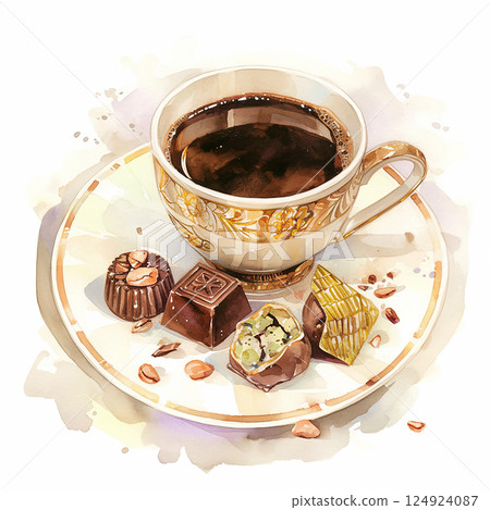 Coffee served with assorted chocolates on a decorative plate during afternoon relaxing time Coffee served with assorted chocolates on a decorative plate during afternoon relaxing time 124924087