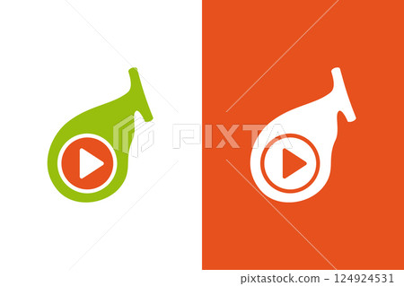 Gallbladder and button play logo combination. Unique internal organ and record logotype design template. 124924531