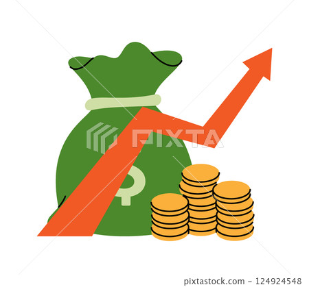 Arrow up with bag money. Business investment and profit income chart increase. Vector illustration. Arrow up with bag money. Business investment and profit income chart increase. Vector illustration. 124924548
