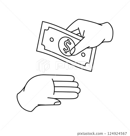 A hand giving dollar banknote to another hand outline symbol. Business and finance. Vector illustration. 124924567