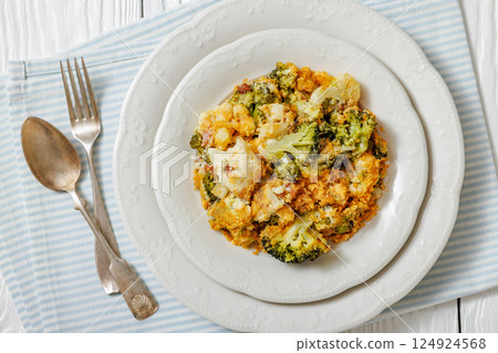 broccoli cauliflower casserole on plate, top view 124924568