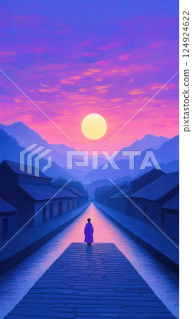 Dreamy Ancient Chinese Town with Floating Canal Under Vibrant Sunset Sky 124924622