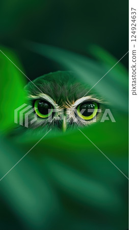 Tiny Owl Glowing Softly Under Magical Light Surrounded by Green Leaves in a Close-Up Photograph 124924637