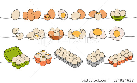 Fresh eggs set one line colored continuous drawing. Boiled eggs, broken eggshell, omelette, protein and yolk. Vector illustration 124924638