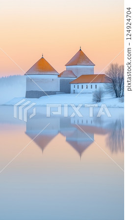 Majestic European Castle Reflected in River at Dawn Surrounded by Mist and Soft Colors Majestic European Castle Reflected in River at Dawn Surrounded by Mist and Soft Colors 124924704