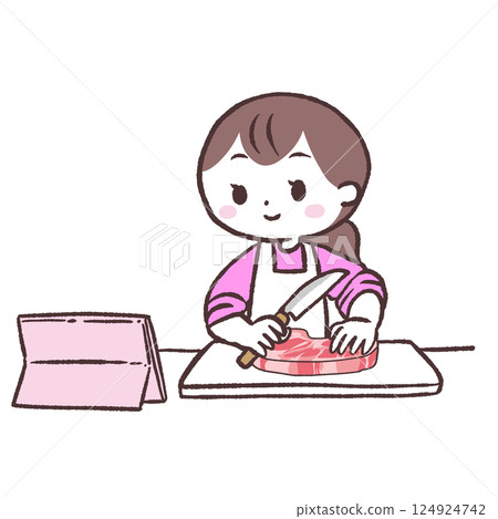 一位女士一邊看影片一邊烹調肉類的插圖 一位女士一邊看影片一邊烹調肉類的插圖 124924742