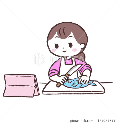 一位女士一邊看影片一邊做魚的插圖 124924743