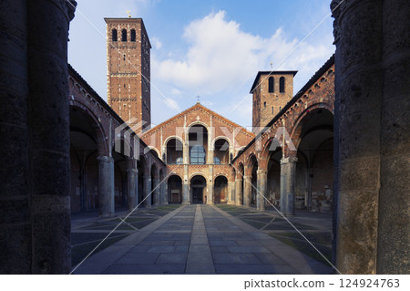 Nice view of Atrium of Ansperto of abbey of Saint Ambrose at sunny day Nice view of Atrium of Ansperto of abbey of Saint Ambrose at sunny day 124924763