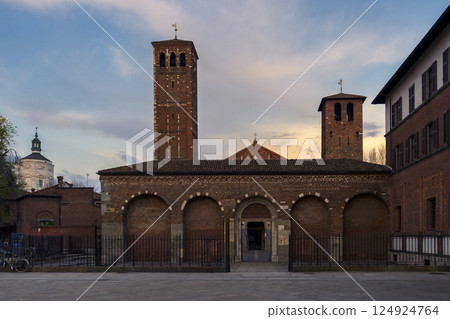 Nice view of abbey of Saint Ambrose exterior at sunset 124924764