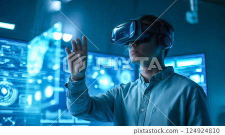 A student man learns online with futuristic technology. The concept of education, innovation, and digital learning. Generative AI. 124924810