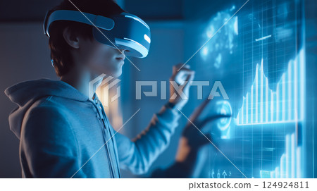 A student man learns online with futuristic technology. The concept of education, innovation, and digital learning. Generative AI. 124924811