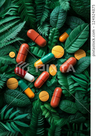 Capsules placed on vibrant green leaves, symbolizing natural medicine and herbal remedies. Perfect for holistic health and wellness themes. 124924875