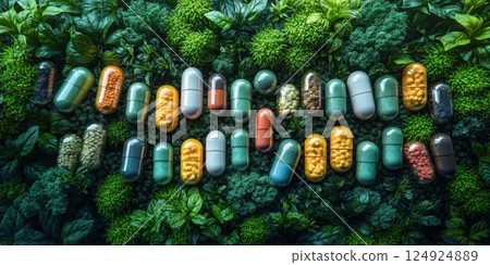 Colorful capsules arranged on green foliage in rows under soft lighting, emphasizing herbal supplements and sustainable wellness themes. Colorful capsules arranged on green foliage in rows under soft lighting, emphasizing herbal supplements and sustainable wellness themes. 124924889