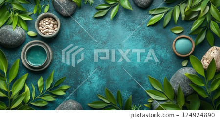 A flat-lay composition of bowls filled with herbs and seeds on a textured blue surface with stones, perfect for spa or wellness product imagery. 124924890