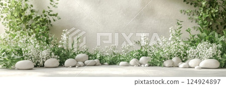 Stones and greenery create a calming natural frame with soft lighting. Ideal for spa, wellness, or eco-friendly product branding. 124924897
