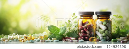 Glass jars filled with herbs surrounded by fresh leaves under sunlight. Perfect for showcasing natural supplements or herbal medicine themes. 124924898