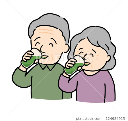 Illustration of a smiling senior couple drinking green juice with relish 124924915