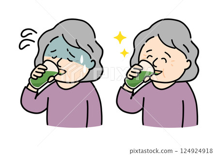 Set of illustrations of senior women with faces that dislike green juice and faces that drink it deliciously Set of illustrations of senior women with faces that dislike green juice and faces that drink it deliciously 124924918