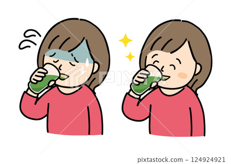 Illustration set of a woman who doesn't like green juice and a woman who drinks it deliciously 124924921