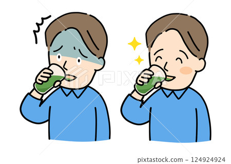 Set of illustrations of a man with a surprised face at green juice and a face drinking it with relish Set of illustrations of a man with a surprised face at green juice and a face drinking it with relish 124924924