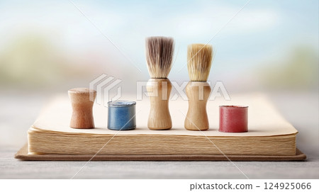 Wooden Brushes and Paint Sticks on Open Book Surface with Soft Background 124925066