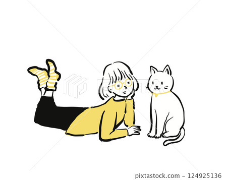 Girl with glasses talking to a cat 124925136