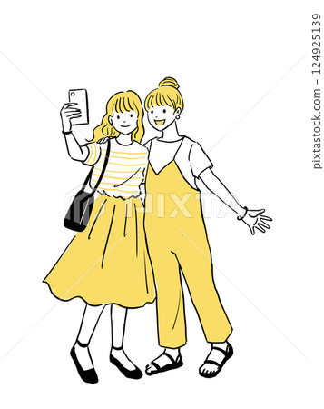Two women taking a selfie on a trip, no background 124925139