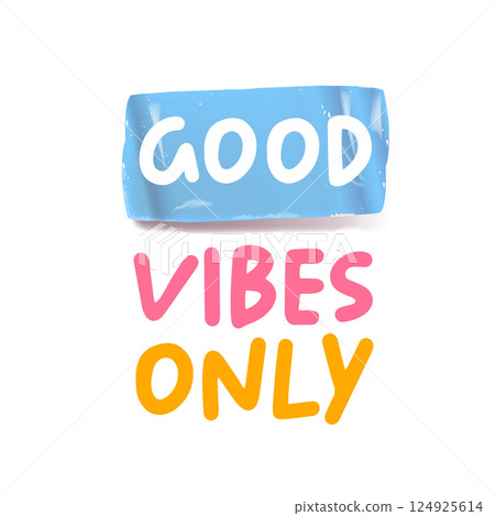 Good Vibes Only blue groovy aesthetic sticker design isolated on white. Good vibes motto sticker, tag, retro label, banner, ribbon, label png with quote. Positiv and motivational 1970s style quote 124925614