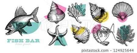 Illustration of Sea Creatures and Shells Illustration of Sea Creatures and Shells 124925644