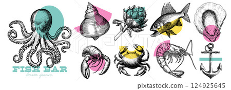Vintage Seafood Illustrations with Geometric Accents Vintage Seafood Illustrations with Geometric Accents 124925645