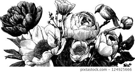 Intricate engraved floral set with bird in bold black line art design 124925666