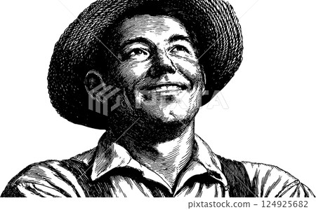 Engraved illustration of happy farm worker in black and white Engraved illustration of happy farm worker in black and white 124925682