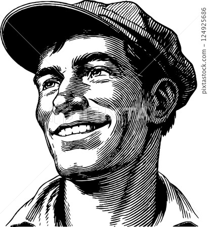 Joyful farmer engraving: celebrating rural life with a smiling worker Joyful farmer engraving: celebrating rural life with a smiling worker 124925686