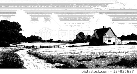 Engraved farm landscape with rustic barn and fields illustration for decoration and design Engraved farm landscape with rustic barn and fields illustration for decoration and design 124925687