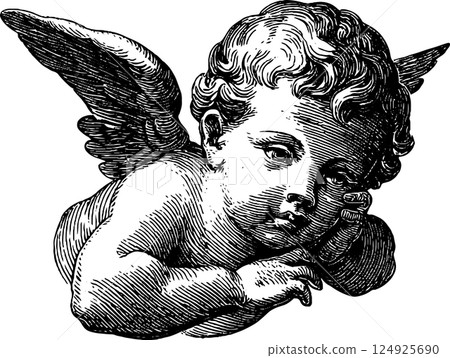 Vintage engraved illustration of a cute baby angel in black and white for art and decor 124925690