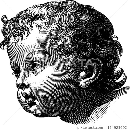 Charming baby angel head engraving for greeting card design or vintage decor 124925692