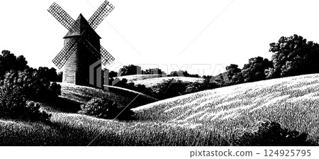 Engraved illustration of a classic windmill in a countryside landscape Engraved illustration of a classic windmill in a countryside landscape 124925795