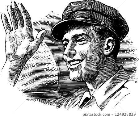 Vintage engraving of a smiling taxi driver waving in uniform for classic transport concept Vintage engraving of a smiling taxi driver waving in uniform for classic transport concept 124925829