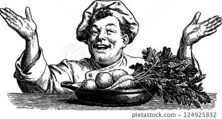 Smiling chef tossing vegetables engraving for culinary art design Smiling chef tossing vegetables engraving for culinary art design 124925832