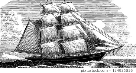 Engraved vintage sailing ship on ocean waves for nautical design and historical themes 124925836