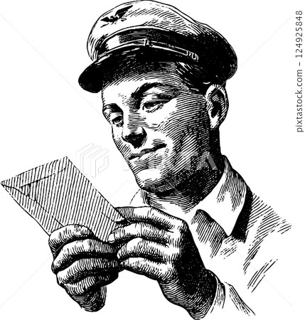 Vintage postman engraving reading mail envelope | antique postal service artwork for historical design Vintage postman engraving reading mail envelope | antique postal service artwork for historical design 124925848