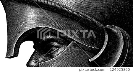 Engraved illustration of knight's helmet in black and white for historical designs Engraved illustration of knight's helmet in black and white for historical designs 124925860