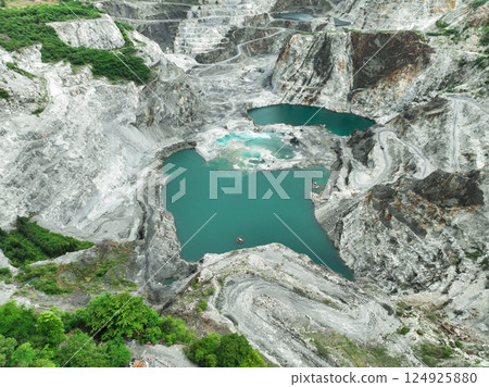 Open pit mine industry. Limestone quarry with backhoe and truck in operation. Heavy machinery in mining industry and construction material supply. Landscape of resource extraction in a industrial site 124925880