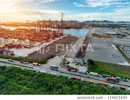 Logistics and transportation of container cargo ship at ship port. Container truck and crane bridge in shipyard. Import export and transport industry. Terminal port for export transport by ship. 124925889